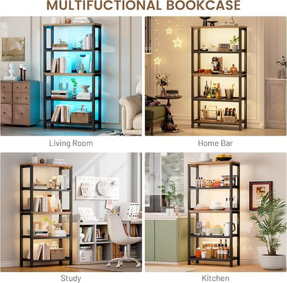 Vlsrka Wooden Bookshelf with Lights, 5 Tier Bookshelf with Storage, Tall Bookcase with Open Shelves, Standing Bookshelves Display Rack for Living Room, Home Office, Black