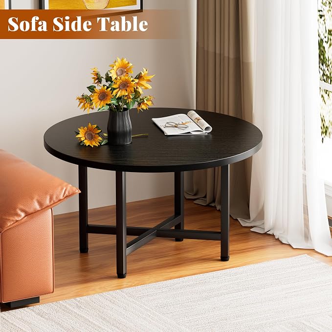 Coffee Table, 23.6" Small Coffee Tables, Black Round Coffee Tables for Living Room, Floor Table for Sitting on The Floor, Center Coffee Table with Metal Frame for Office Apartment Home