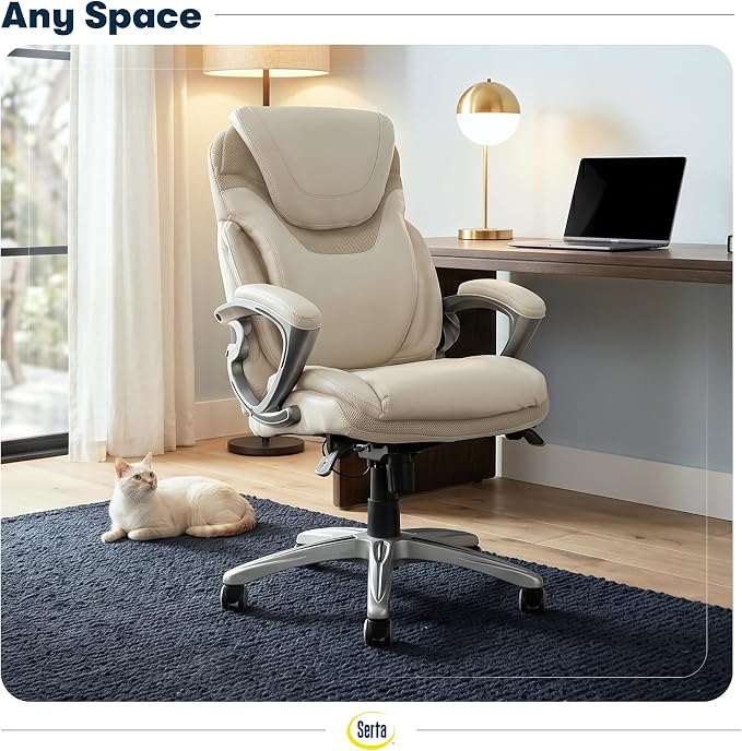Serta Bryce Executive Office Chair - Ergonomic Computer DeskChair with Lumbar Technology - Adjustable Height - Memory Foam Body Pillows - 360° Swivel Rolling Base - Bonded Leather - Cream