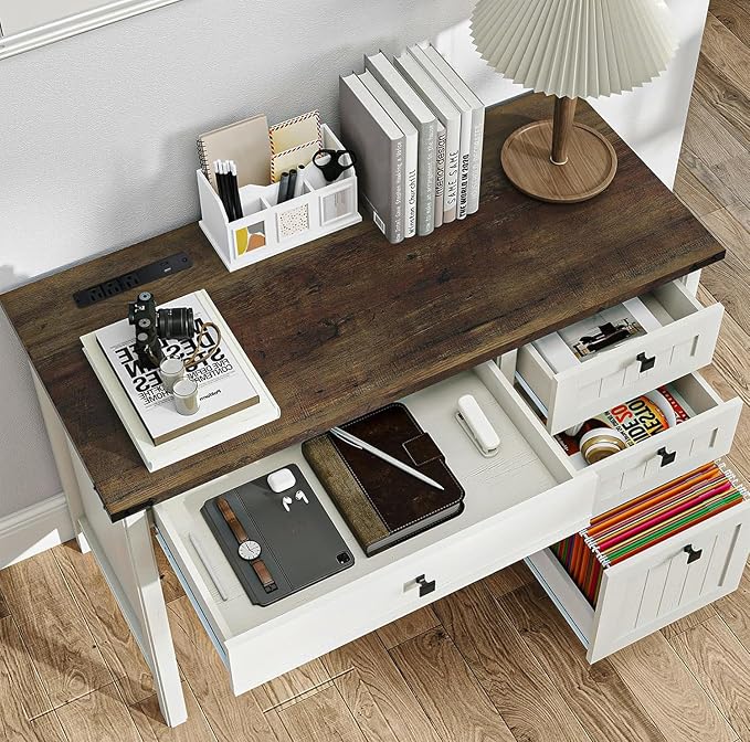 Farmhouse Executive Desk 45 inch Computer Desk with 4 Drawers, Smart Charging Station, Home Office & Study Room Essential for Remote Workers, Professionals & Students.Antique White