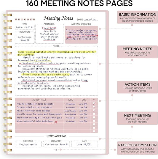6 Pack of Meeting Notebook for Work Organization - Work Planner Notebook with Action Items, Agenda Planner for Note Taking, 160 Pages (6.9" X 9.9") Project Organizer for Men & Women - Pink