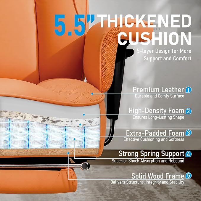Big and Tall Office Chair, Leather Executive Ergonomic Desk Chair with Footrest, Comfy High-Back Computer Reclining Chairs with Lumbar Support (Orange)