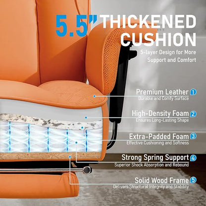 Big and Tall Office Chair, Leather Executive Ergonomic Desk Chair with Footrest, Comfy High-Back Computer Reclining Chairs with Lumbar Support (Orange)