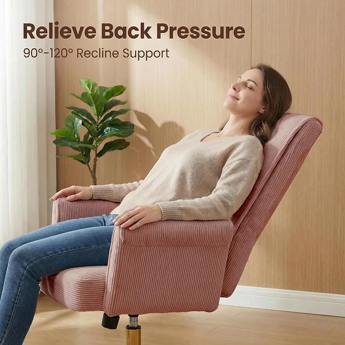 Stripes Velvet Home Office Desk Chair, Accent Upholstered Modern Height Adjustable Swivel Chair with Wheels,Ergonomic Task Chair for Living Room,Bedroom,Vanity,Study,Office（Pink）