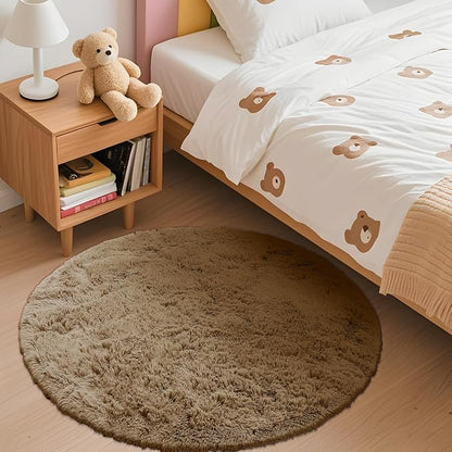 OLANLY Taupe Round Rugs for Bedroom - Machine Washable, 3 ft Circle Area Rugs for Living Room, Soft and Fluffy Shaggy Carpet for Teen Girl and Boys, Nursery Rooms, Dorms, Home Decor Aesthetic