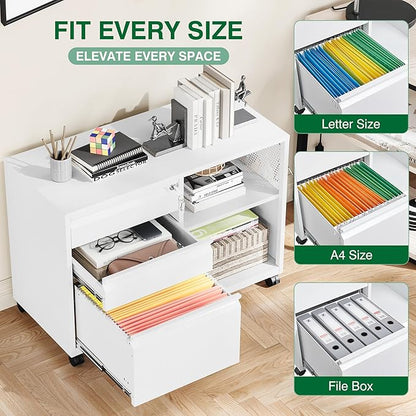 3 Drawer Metal File Cabinet with Lock, Mobile Lateral Filing Cabinet with Side Hook for Letters/Legal/A4, Printer Stand Storage Cabinets with Shelves for Home Office(White)