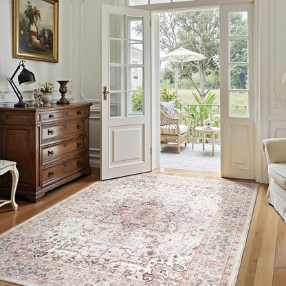 Lofus 5x7 Area Rugs for Living Room, Washable Area Rug, Rugs for Bedroom, Kitchen, Vintage Boho Carpet, Soft Non-Slip, Low Pile Large Area Rug for Office Dining Room, Pink