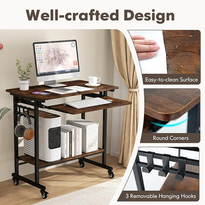 Tangkula Rolling Computer Desk Cart with Keyboard Tray, Mobile Portable Laptop PC Desk with CPU Stand & 3 Hooks for Sofa & Bed, Industrial Small Desk on Wheels for Small Spaces, Home Office Desk