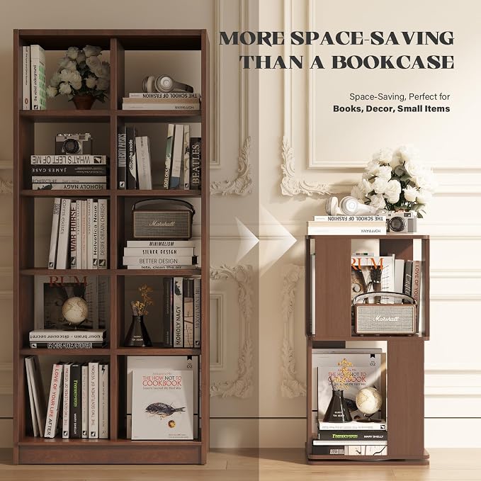 Easyego 2 Tier Solid Wood Rotating Bookshelf, 360° Upgrade Spinning Book Shelf, Revolving Bookcase Organizer, Swivel Bookshelves for Small Spaces, Corner, Bedroom, Kids Room, Office (Walnut)