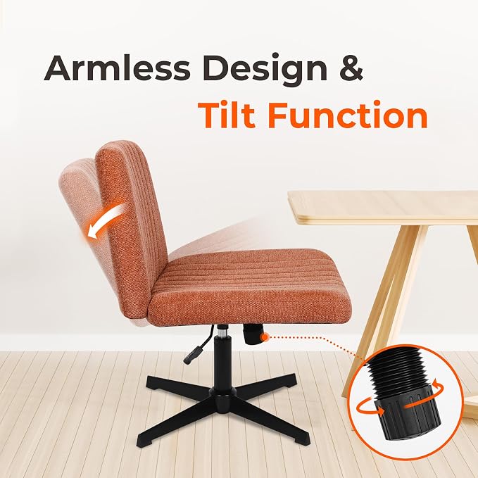NEO CHAIR Criss Cross Chair No Wheel Vanity Desk Chair Wide Armless Cross Legged Office Comfy Makeup Adjustable Computer Task for Home Office Fabric (Brown)