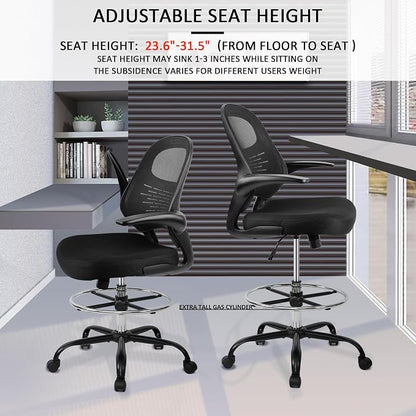 HYLONE Drafting Chair Tall Office Chair with Flip-Up Armrests Ergonomic Computer Chair with Lumbar Support Adjustable Footrest Ring Mesh Standing Desk Chair (Black)