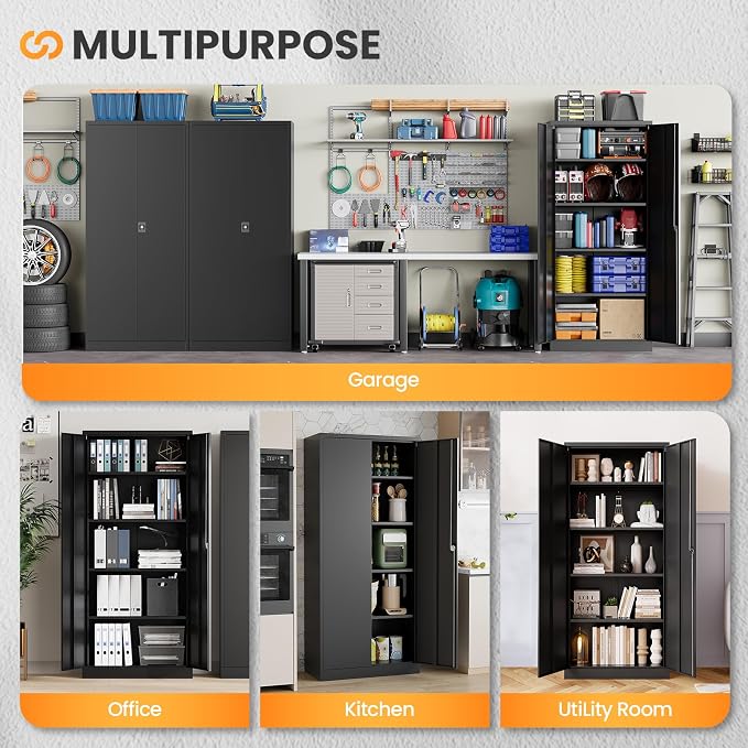 Metal Garage Cabinets with Lock, 72" H Garage Storage Cabinet with 2 Doors and 4 Adjustable Shelves, Steel Locking Caninet Tall Tool Storage Cabinets, Lockable File Cabnet for Home Office