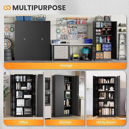 Metal Garage Cabinets with Lock, 72" H Garage Storage Cabinet with 2 Doors and 4 Adjustable Shelves, Steel Locking Caninet Tall Tool Storage Cabinets, Lockable File Cabnet for Home Office