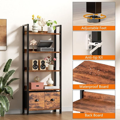 Furologee 5-Tier Bookshelf Set of 2,Tall Bookcase with 2 Drawers and Shelves, Industrial Display Free Standing Shelf Units, Storage Rack Organizer for Bedroom, Living Room, Home Office, Rustic Brown