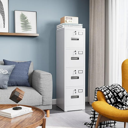 4 Drawer File Cabinet with Lock,White Metal Filing Cabinet for Home Office,Vertical File Storage Cabinet with Keys for Letter/A4 Size,14.96" W x 17.72" D x 55.2" H,Assembly Required