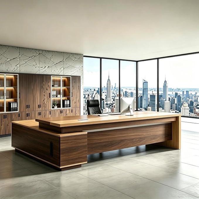 L Shaped Executive Desk with Drawers, Modern Large Wood Home Office Desk, Computer Desk with Storage for Boss Office Workstation