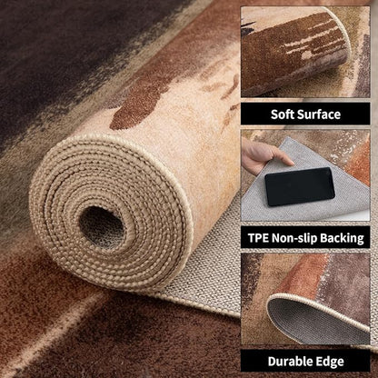 Ciicool 4ft Round Washable Rug, Modern Abstract Circle Rugs, Non-Slip Thin Lightweight Rug Brown Black Circular Print Distressed Carpet for Bedroom Living Room Under Dining Table Home Office Decor