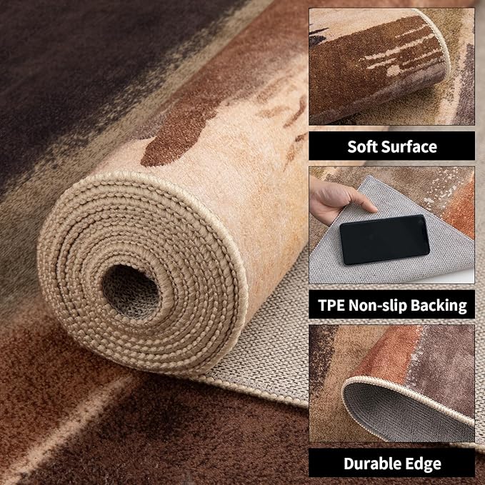 Ciicool Abstract Area Rug Indoor, 4x6 Washable Entryway Rug, Modern Soft Throw Entry Rug with Non-Slip Backing for Bedroom Living Room Entrance Kitchen, Low-Pile Floor Carpet Doormat Brown Black