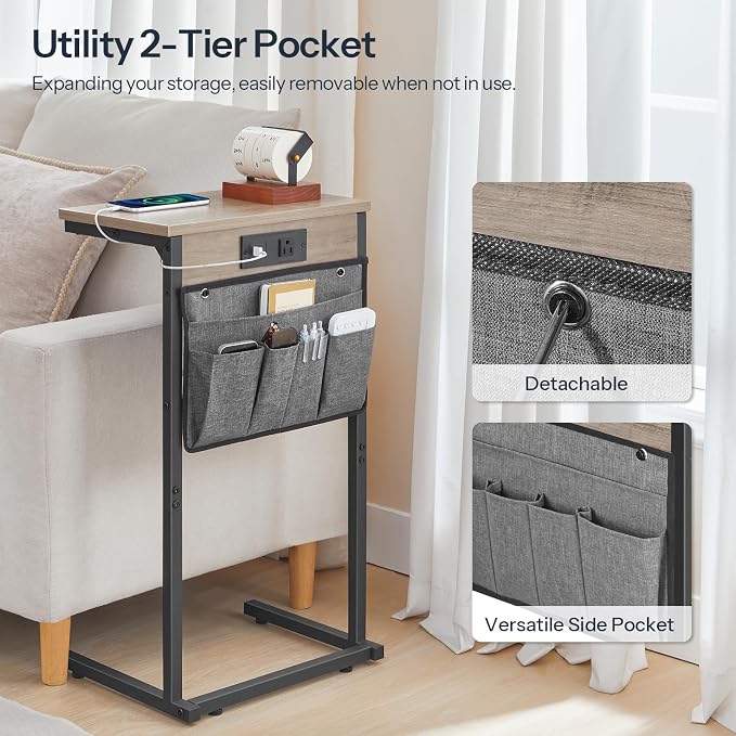 HOOBRO C Shaped End Table with Charging Station, 28" H Couch Side Table Slide Under, Sofa Arm Tray Table with Storage Bag for Living Room, Recliner, Greige BG70USF01