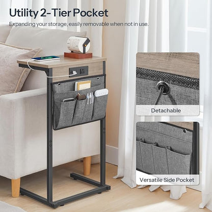 HOOBRO C Shaped End Table with Charging Station, 28" H Couch Side Table Slide Under, Sofa Arm Tray Table with Storage Bag for Living Room, Recliner, Greige BG70USF01