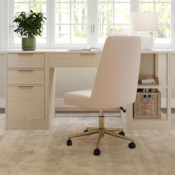 Martha Stewart Maeve Swivel Task Chair with Height Adjustable Seat for Home Office in Conch Shell Fabric with Polished Brass Frame
