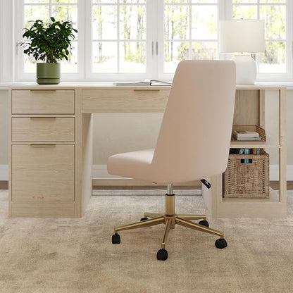 Martha Stewart Maeve Swivel Task Chair with Height Adjustable Seat for Home Office in Conch Shell Fabric with Polished Brass Frame