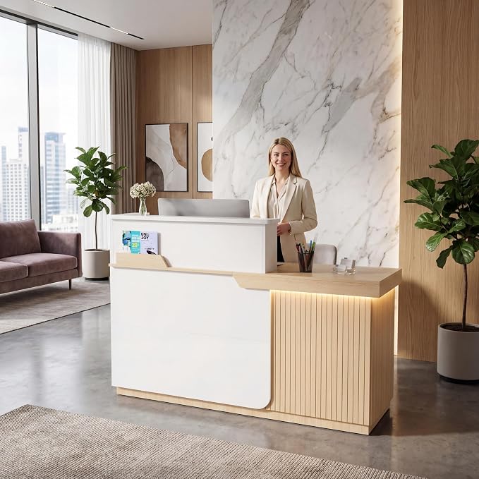 Kikihouse Modern Reception Desk with LED, 63” Fluted Front Desk with Lockable Drawer, Cabinet and Sliding Tray, Large Reception Counter Table for Office Lobby Nail Salon Clinic (Maple)