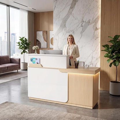 Kikihouse Modern Reception Desk with LED, 63” Fluted Front Desk with Lockable Drawer, Cabinet and Sliding Tray, Large Reception Counter Table for Office Lobby Nail Salon Clinic (Maple)