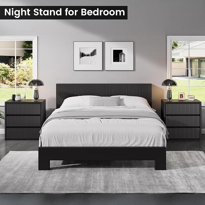 Black Nightstand Set 2, Bedside Table with 3 Drawers Storage, Curved Profile Fluted Night Stand for Bedroom, Wooden Side Tables Living Room, 24.8” Wide End Table for Sofa Couch, Handleless Design