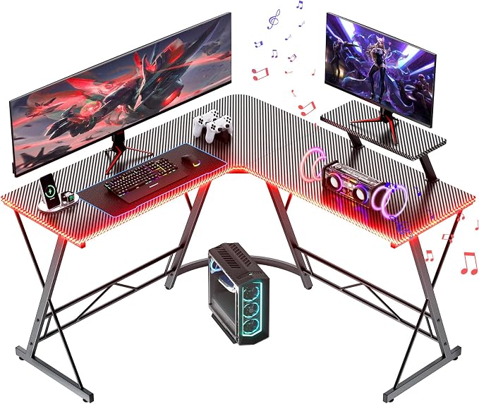 Mr IRONSTONE Gaming Desk with LED Lights and Speakers, L Shaped Desk Corner with Cup Holder & Headphone Hook, Computer Desk Home Office Desks with Monitor Stand, Carbon Fiber Surface, Black 51 Inch
