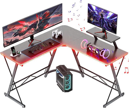 Mr IRONSTONE Gaming Desk with LED Lights and Speakers, L Shaped Desk Corner with Cup Holder & Headphone Hook, Computer Desk Home Office Desks with Monitor Stand, Carbon Fiber Surface, Black 51 Inch