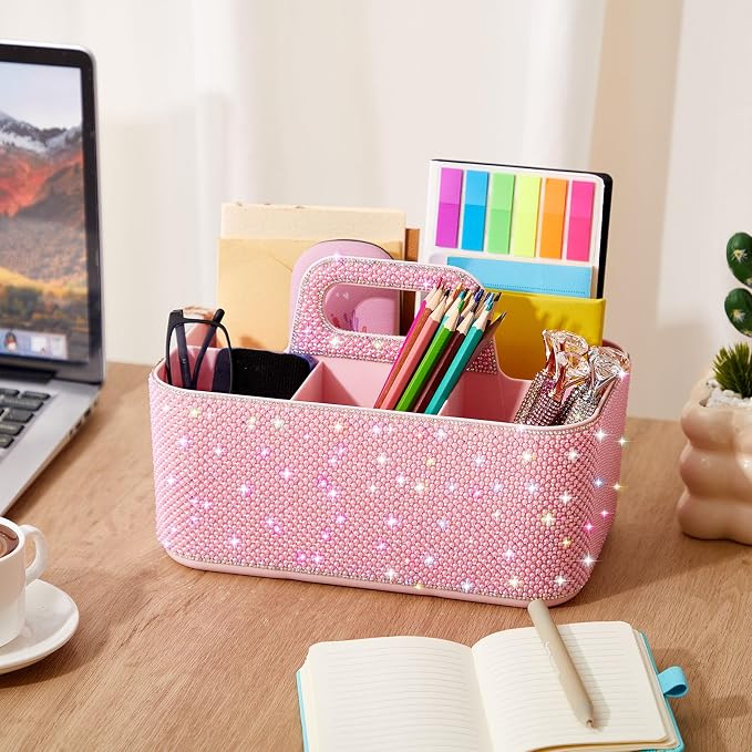 Marspark Bling Makeup Caddy Organizer with Handle, Sparkly Art Craft Holder, Glitter Bathroom Hair Caddy, Shimmer Pen Pencil Holder for Women Desk Organizer, Bling Gifts for Women(Pink,Pearl Diamond)