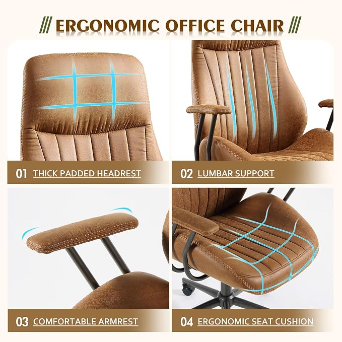 CAODOC High Back Office Chair,Modern Swivel Office Chair,Brown Suede Fabric Gaming Chair,Height Adjustable Home Office Desk Chair with Lumbar Support