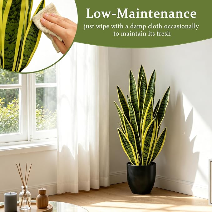 Artificial Snake Plant 2.3FT-2PCS, 27'' Sansevieria Plant with Black Pot, Low Maintenance Mother-in-Law's Tongue for Home Decor Indoor Outdoor, Desk Corner Office Hotel Garden(Yellow-2Pack)