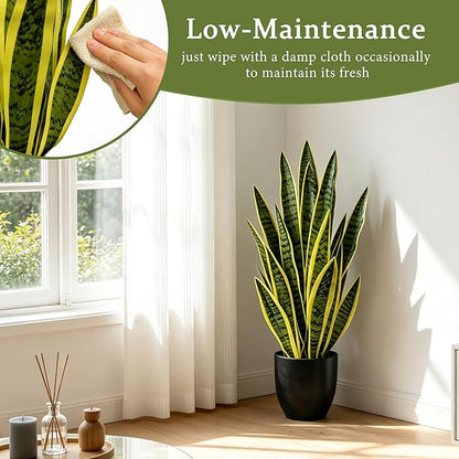 Fake Snake Plant, 27" Fake Potted Plants with Black Pot Realistic Artificial for Home Decor, Low Maintenance No Watering Needed Faux Plants for Desk Corner Office & Pet Areas(yellow-27in)