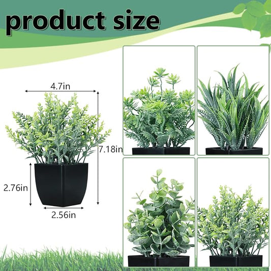 GREENTIME 4 Pack Fake Plants in Black Pot Small Artificial Eucalyptus Potted Plant Wheat Grass Mini Faux Greenery for Home Decor Indoor Office Table Room Farmhouse Bathroom Decorations