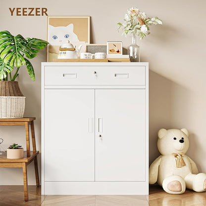 36" H Metal Cabinet, Garage Storage Cabinet, Locking Storage Cabinet, Metal Cabinets with Doors and Shelves for Home, School, Office, Garage, White