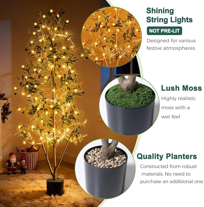 Olive Trees Artificial Indoor, 6FT Tall Faux Olive Tree with Moss and Planter, Artificial Plants Indoor with Realistic Silk Leaves and Lifelike Fruits, Fake Tree for Home Office Living Room Decor