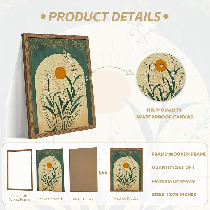 Framed Boho Wall Art, Lily of the Valley Emerald Green Sun Canvas, Mystical Country Botanical Wall Decor, Spiritual Flowers Poster Pictures Print for Bedroom Living Room – 12x16 inch