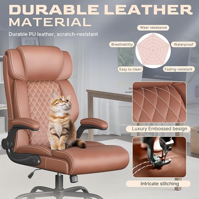 Office Chair-Executive High Back Breathable Big and Tall Office Chair Flip-up Armrests Lumbar Support-Ergonomic Leather Rolling Swivel Chair with Rock Function for Working Studying Gaming,2 Pack