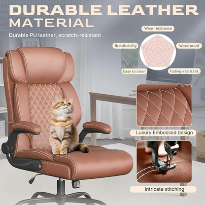Office Chair-Executive High Back Breathable Big and Tall Office Chair Flip-up Armrests Lumbar Support-Ergonomic Leather Rolling Swivel Chair with Rock Function for Working Studying Gaming,2 Pack