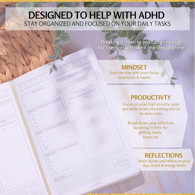 ADHD Daily Planner for Neurodivergent Adults – Premium Leather Productivity & Task Management Planner with Guided Focus Pages, 170gsm Paper, Gold Foiling & Gift Box – Undated Organizer | A5 (Nude)