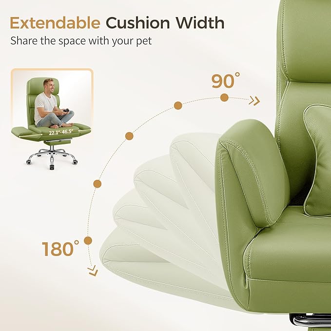 Big and Tall Office Chair 500LBS, Ergonomic High Back Leather Executive Chair, Reclining Swivel with Adjustable Armrests Lumbar Support Footrest, Cross Legged, Green
