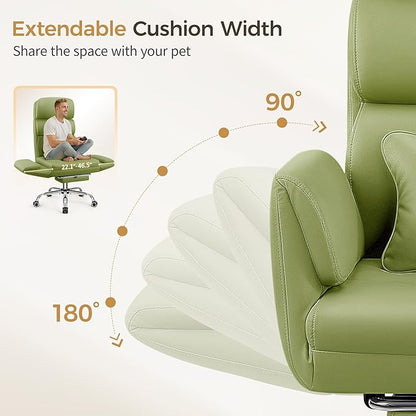 Big and Tall Office Chair 500LBS, Ergonomic High Back Leather Executive Chair, Reclining Swivel with Adjustable Armrests Lumbar Support Footrest, Cross Legged, Green