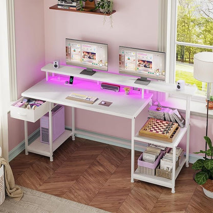 White Office Desk with 55" Long Monitor Stand and 18" Ample Printer Space, Computer Desk With RGB Lights and 3 AC Power Outlets, Zoned Storage Drawer and File Shelves, Study Desk, Writing Desk