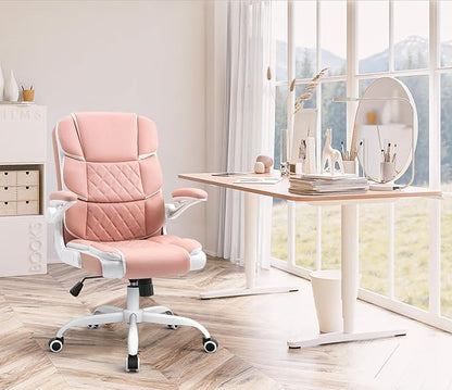 SEATZONE Pink Desk Chair Modern Executive Office Chair with Arms PU Leather Computer Desk Chair for Girls Women