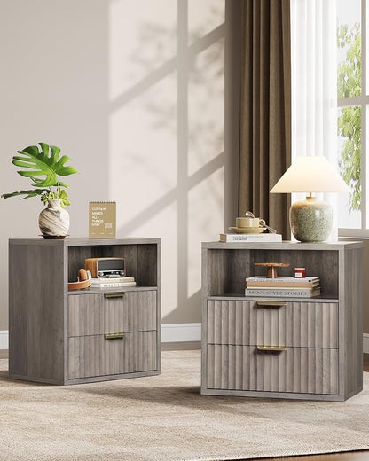WLIVE Fluted Night Stand Set 2, Wood Nightstands Sets of 2 with Storage Drawers and Open Shelf, Mid Century Modern Bed Side Tables for Bedroom, Dorm, Greige