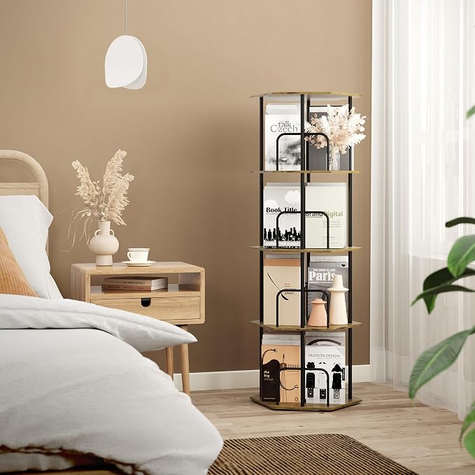 SUNMORY 4 Tier Rotating Bookshelf Tower, Revolving 360 ° Spinning Bookcase, Hexagonal Corner Book Shelf Storage Carousel, Vertical Rotate Turning Organizer Book Shelves for Living Room Office Bedroom