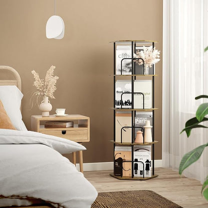 SUNMORY 4 Tier Rotating Bookshelf Tower, Revolving 360 ° Spinning Bookcase, Hexagonal Corner Book Shelf Storage Carousel, Vertical Rotate Turning Organizer Book Shelves for Living Room Office Bedroom