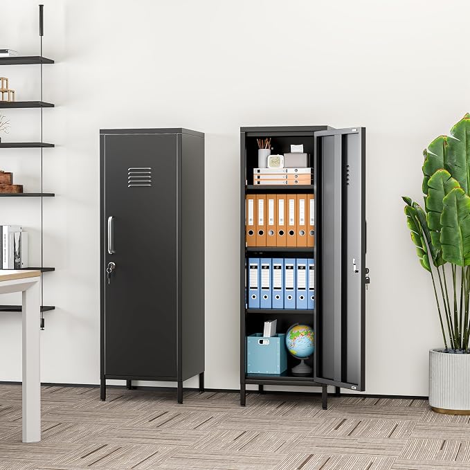 erosoei 47.24" H Metal Locker Storage Cabinet, Office Locker with 3 Adjustable Shelves, Steel Cabinet with 1 Door, High Legs Organizer for Home Office, Kitchen, Living Room, Bedroom and Bathroom